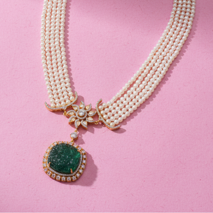Victorian Moissanite Polki with Moissanite and Lab Grown Emerald Necklace in 925 Silver