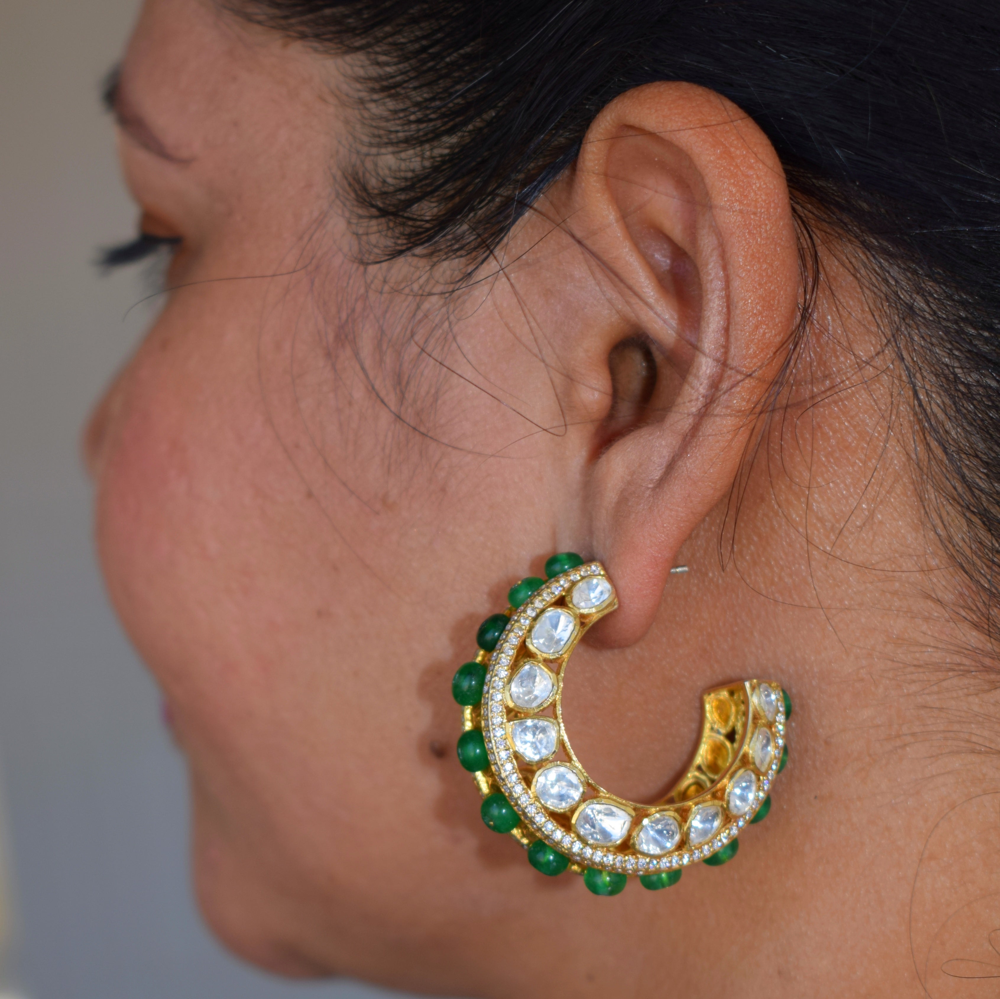 Polki Moissanite Beads Hoop Earrings in 925 Silver