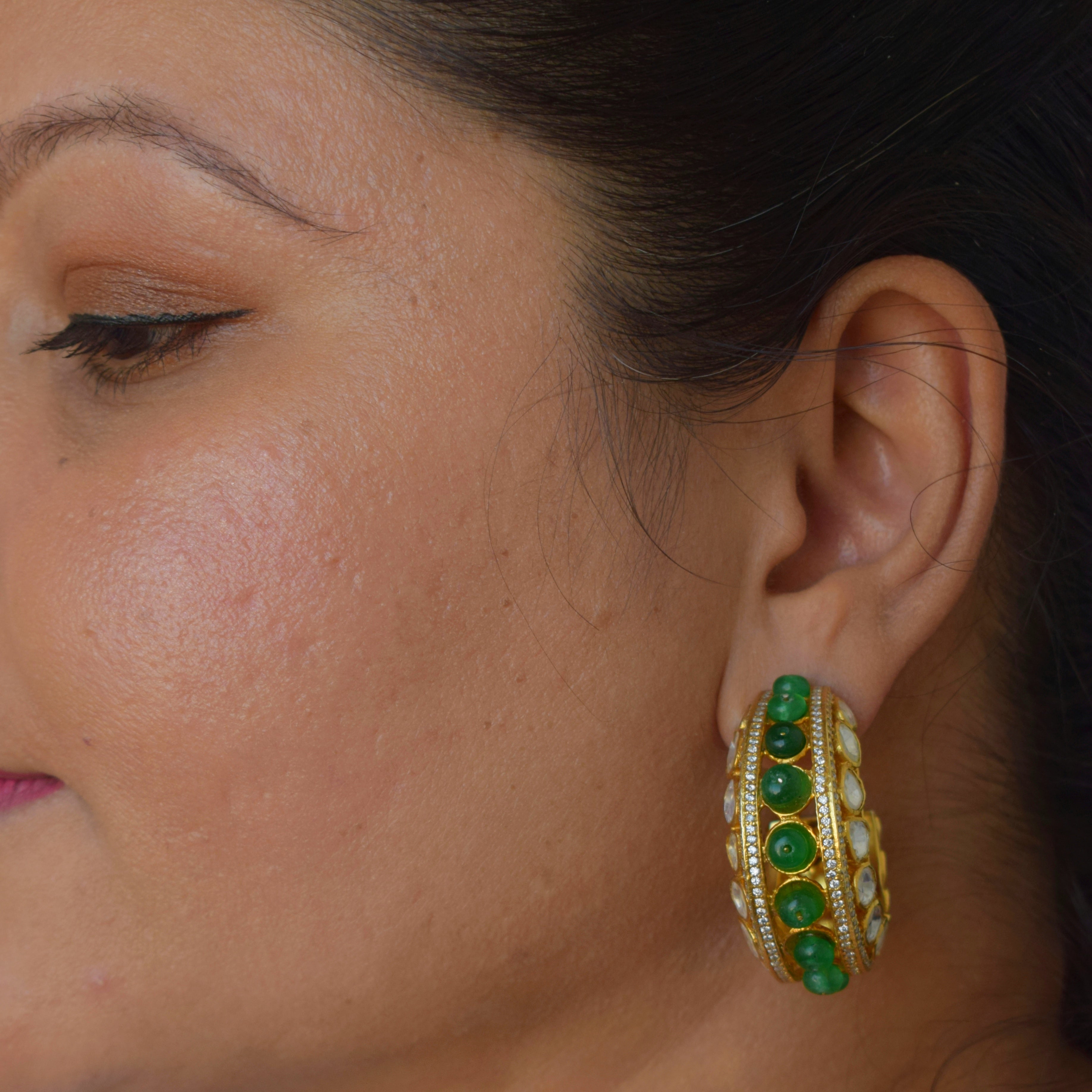 Polki Moissanite Beads Hoop Earrings in 925 Silver