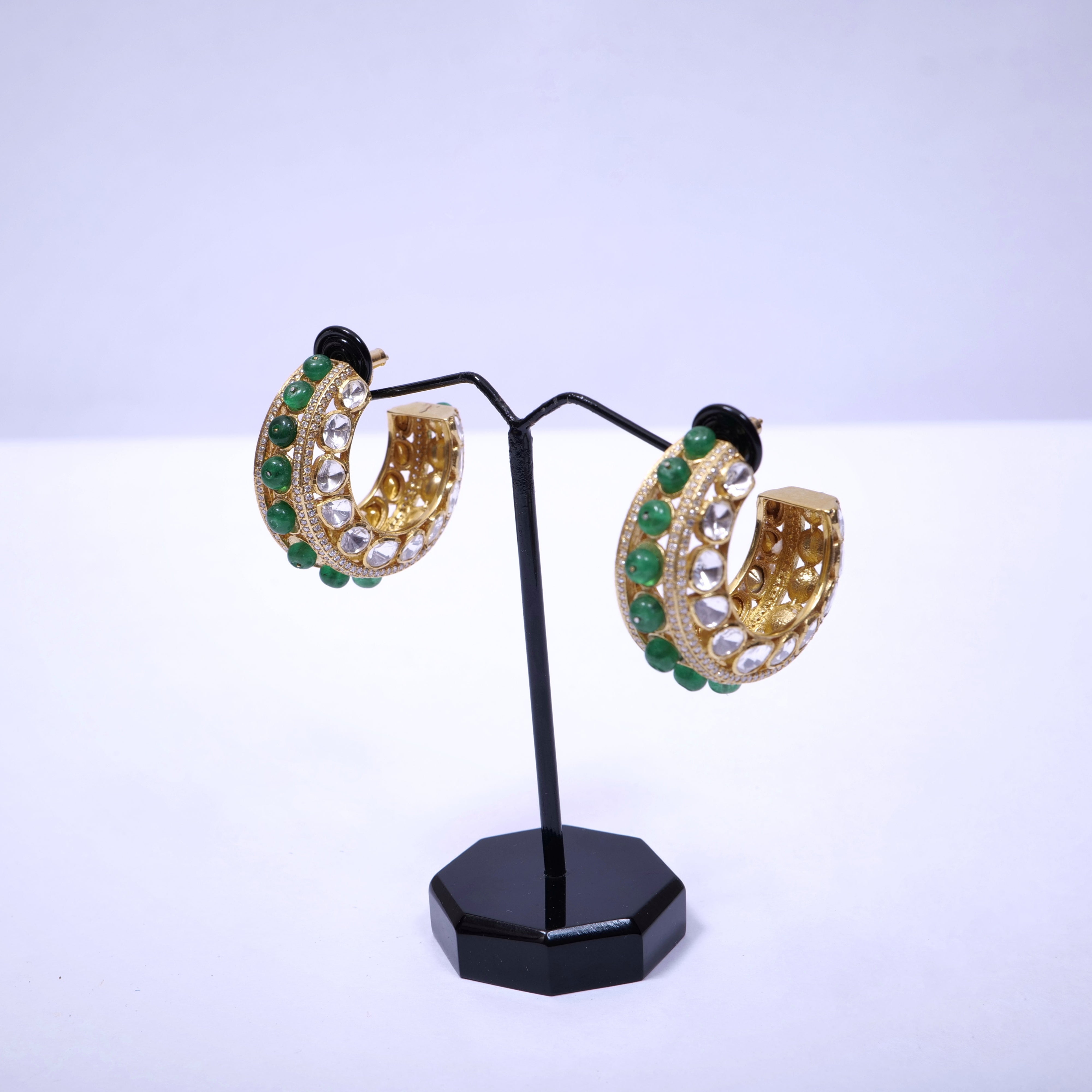 Polki Moissanite Beads Hoop Earrings in 925 Silver