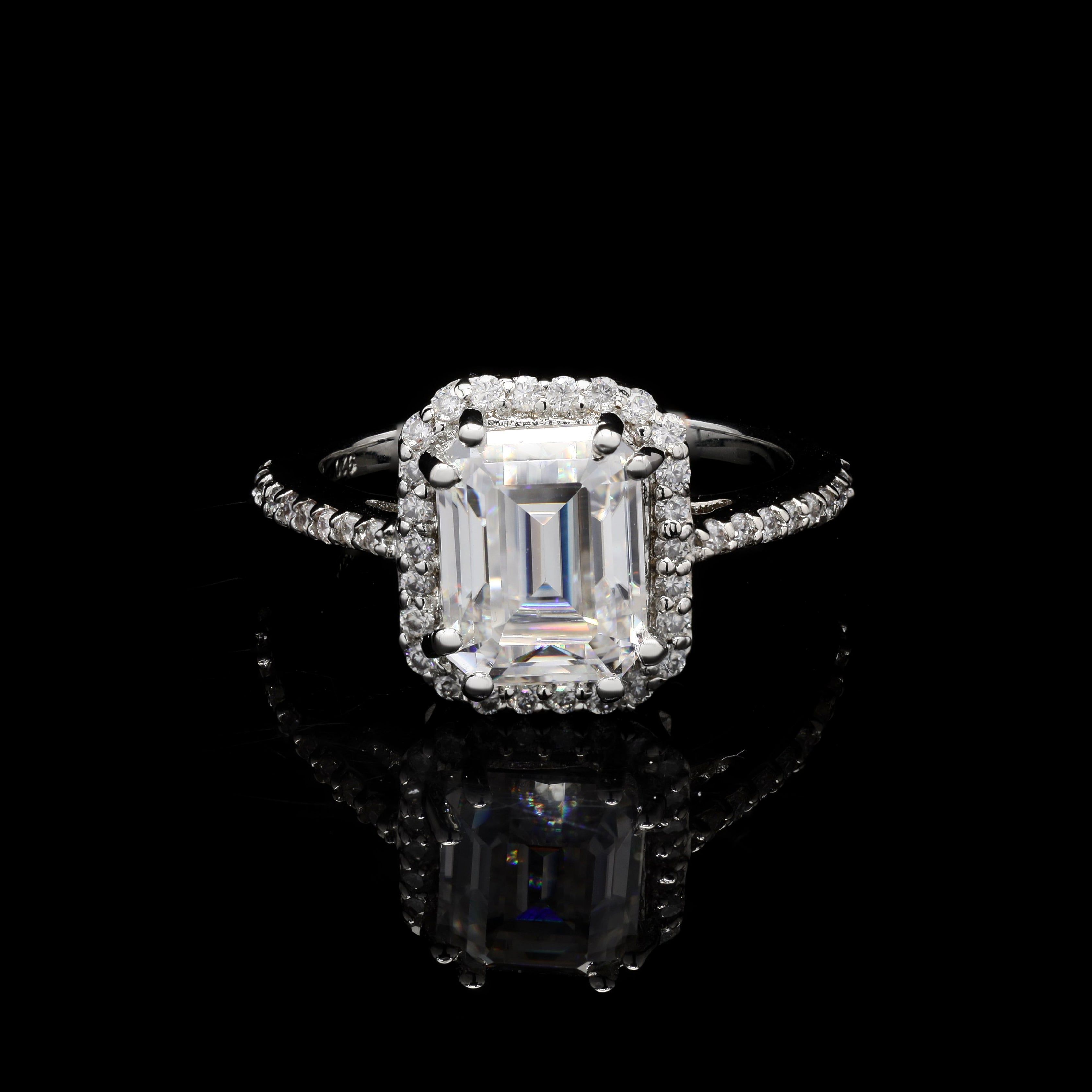 Emerald Solitaire Ring with Crown Halo in Moissanite with Sterling Silver