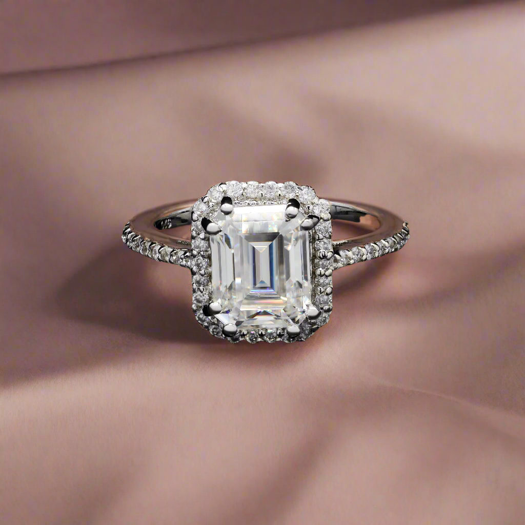 Emerald Solitaire Ring with Crown Halo in Moissanite with Sterling Silver