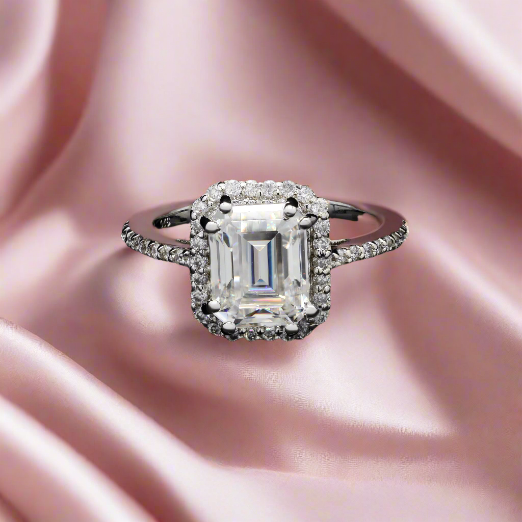 Emerald Solitaire Ring with Crown Halo in Moissanite with Sterling Silver