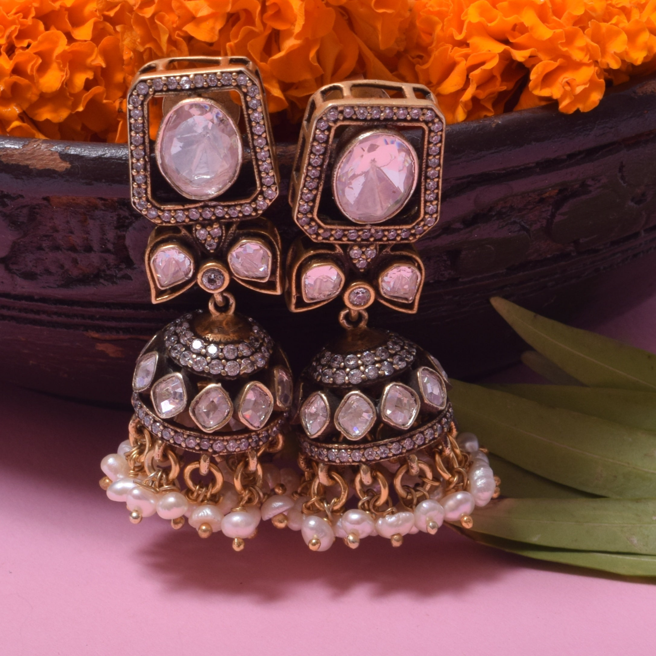 Polki Jhumka Earrings in Sterling Silver