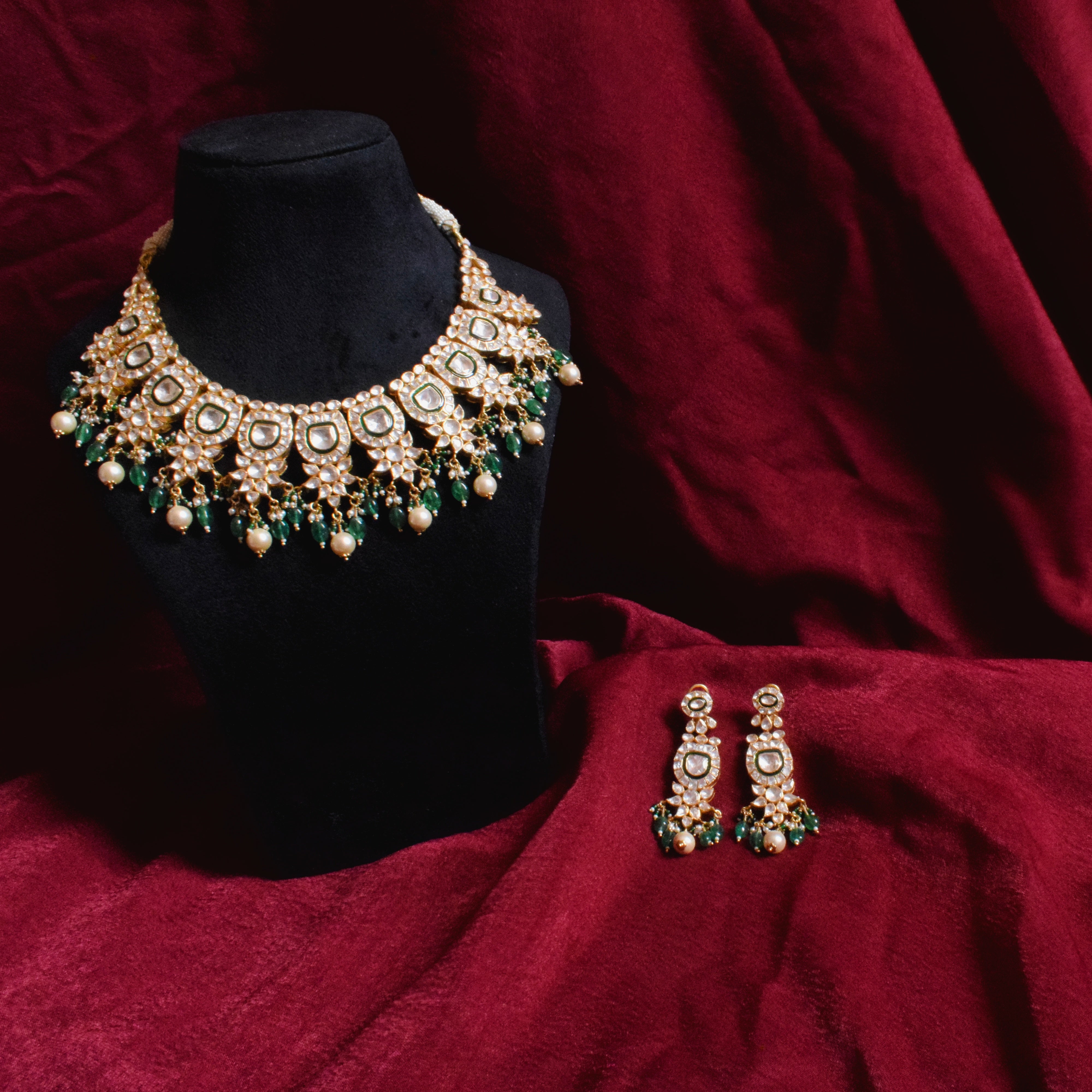Bridal Moissanite Polki Necklace Set with Pearls and Green Beads