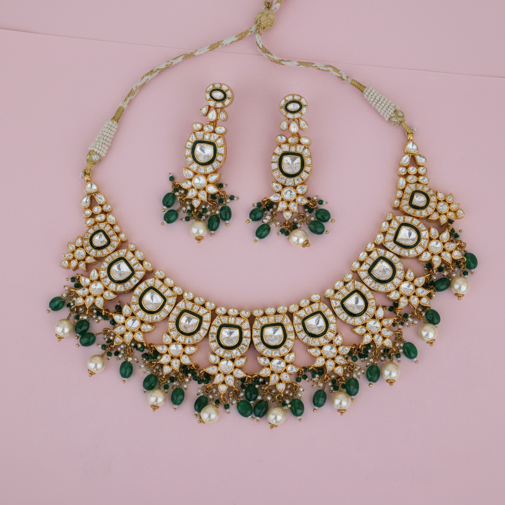 Bridal Moissanite Polki Necklace Set with Pearls and Green Beads in Silver