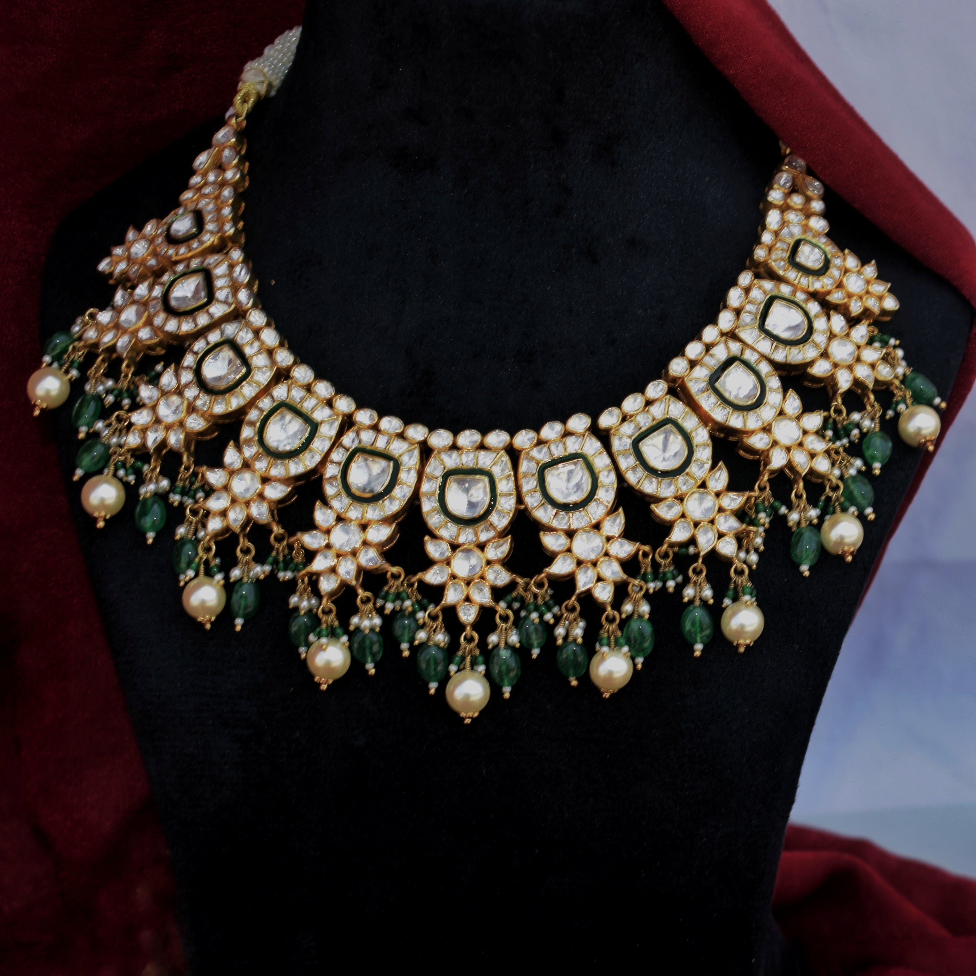 Bridal Moissanite Polki Necklace Set with Pearls and Green Beads