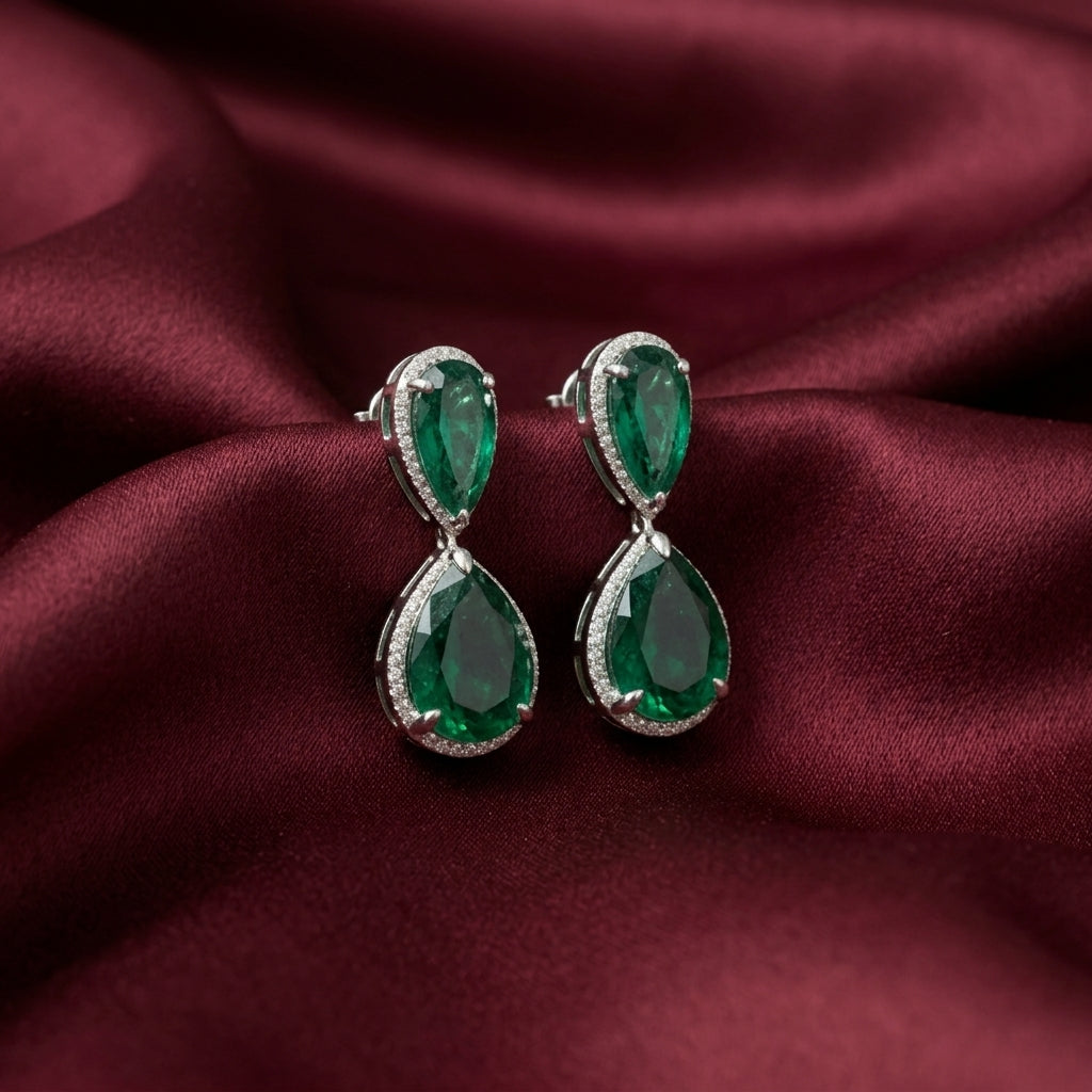 Linked Lab Grown Emerald Pears Earrings in Sterling Silver with Moissanite