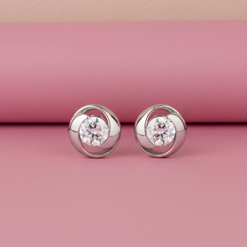 Swirl Stone Round Moissanite Diamond Sterling SIlver Studs