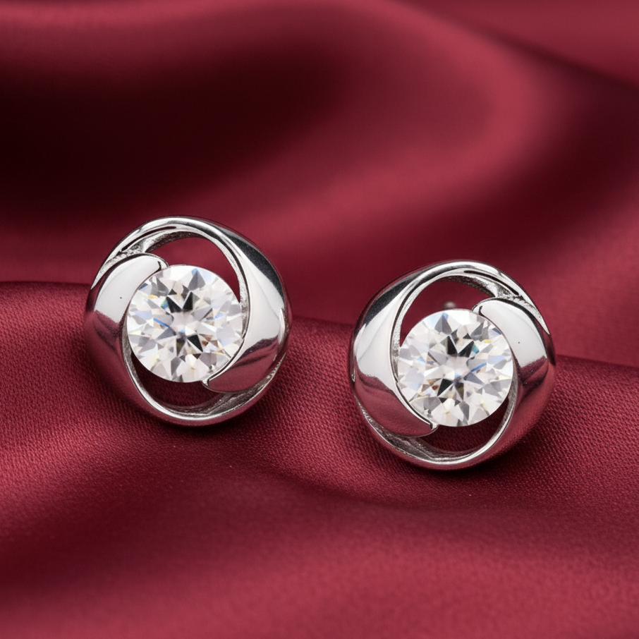 Swirl Stone Round Moissanite Diamond Sterling SIlver Studs