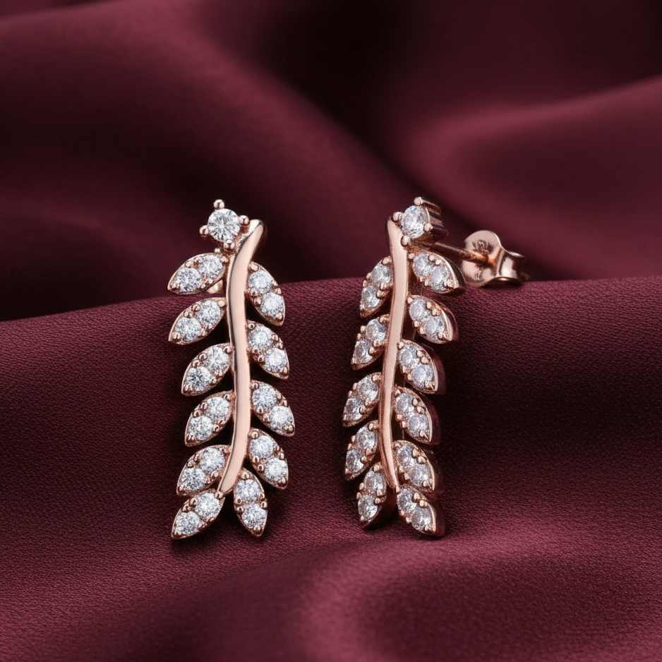 Leaf Earring in Rose-Gold with moissanite and Sterling Silver
