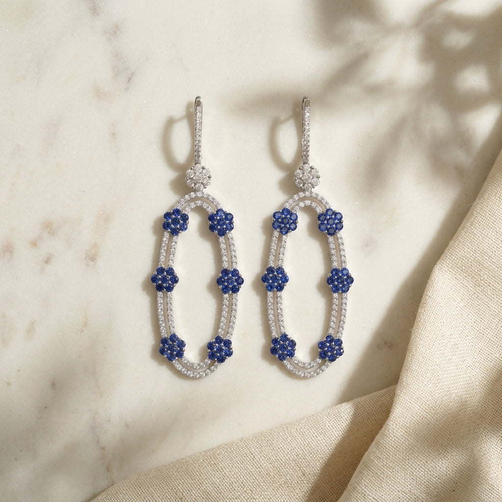 Blue Sapphire with Moissanite Danglers Earrings in Sterling Silver