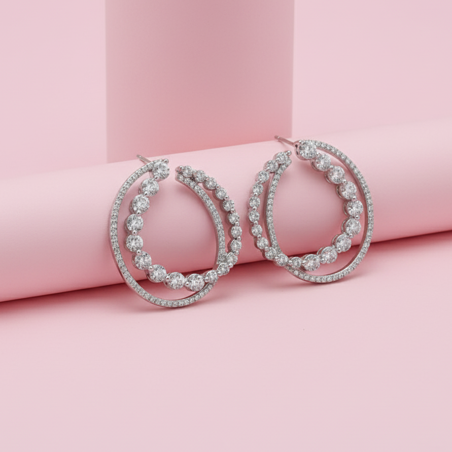 Double Hoops Earrings in Silver with Moissanite