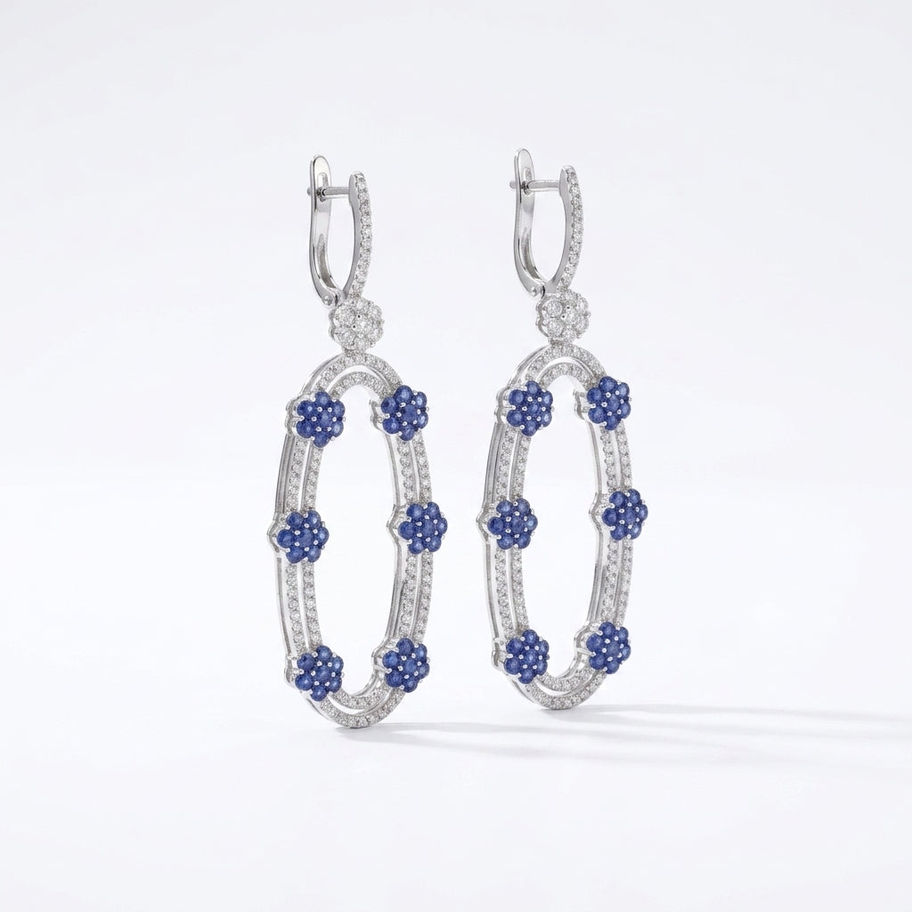 Blue Sapphire with Moissanite Danglers Earrings in Sterling Silver
