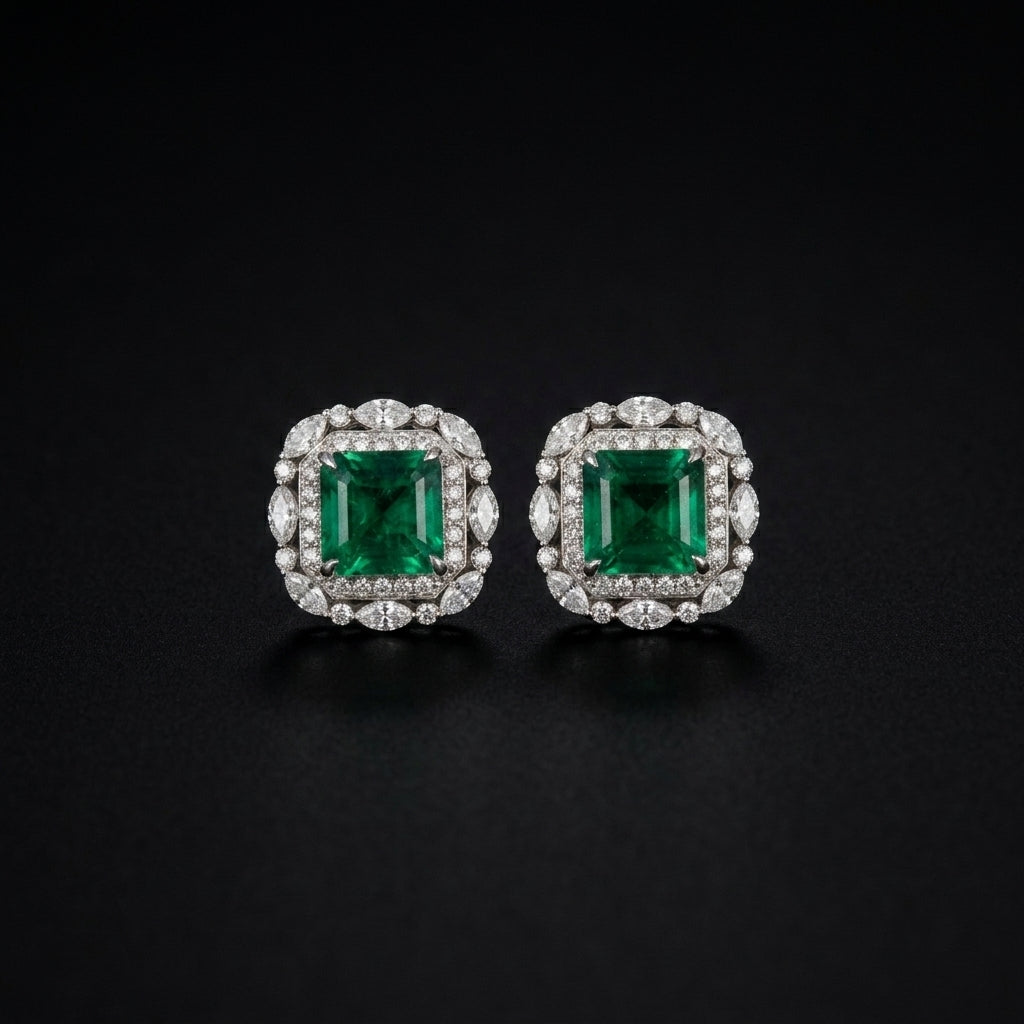 Crescent Lab Grown Emerald Studs Earrings in 925 Sterling Silver