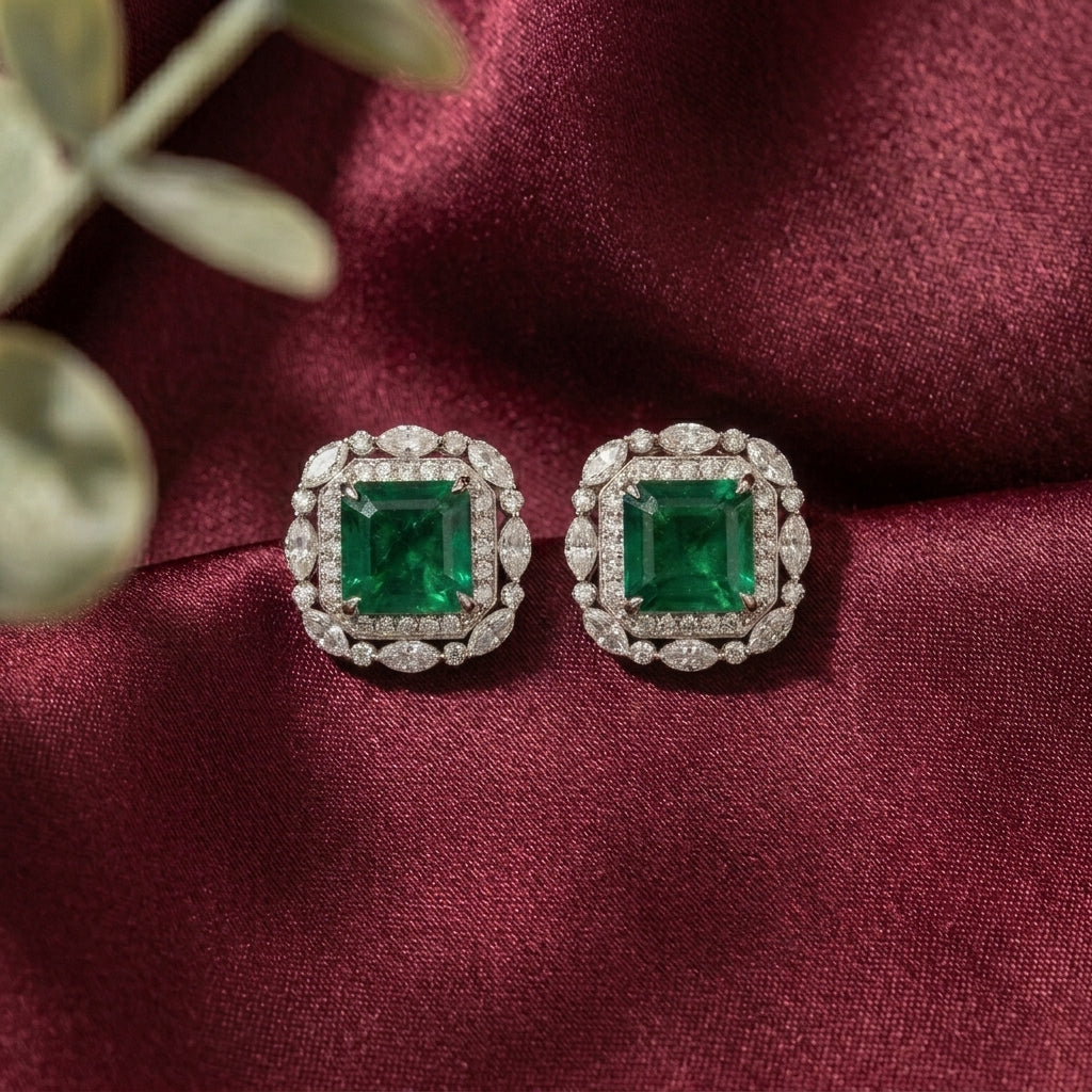 Crescent Lab Grown Emerald Studs Earrings in 925 Sterling Silver