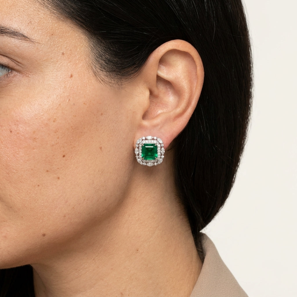 Crescent Lab Grown Emerald Studs Earrings in 925 Sterling Silver
