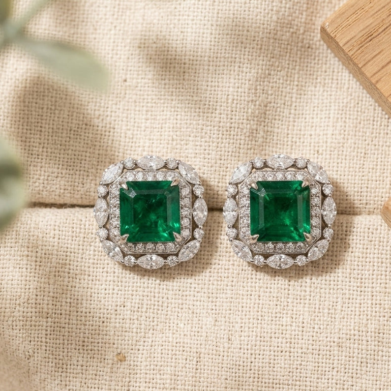 Crescent Lab Grown Emerald Studs Earrings in 925 Sterling Silver