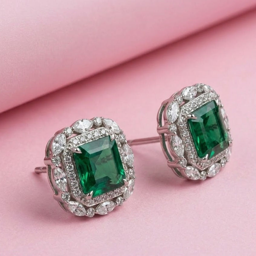 Crescent Lab Grown Emerald Studs Earrings in 925 Sterling Silver