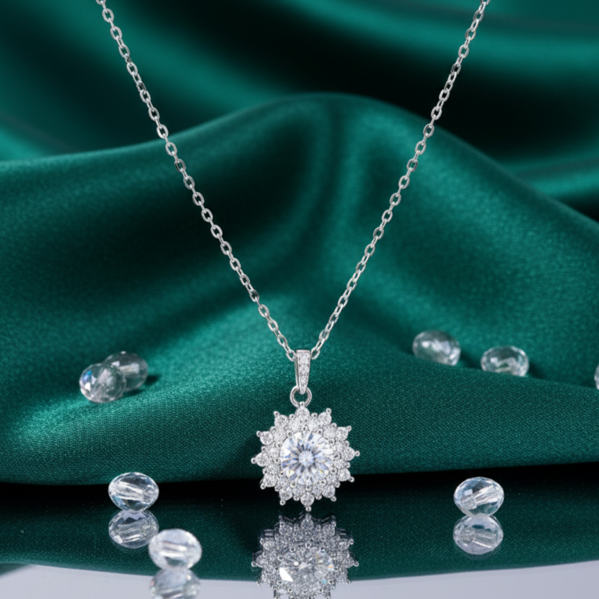 Sterling Silver Celestial Floral Pendant with Moissanite