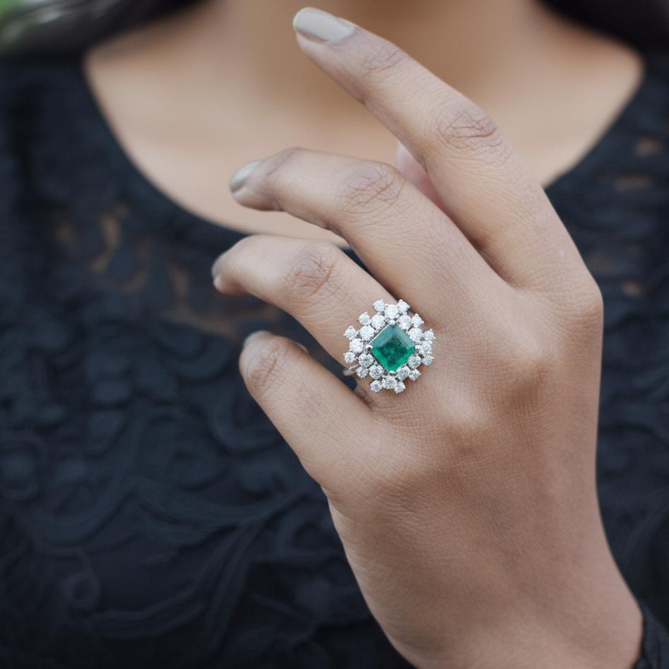 Designer Moissanite and Emerald Statement Ring in Sterling Silver