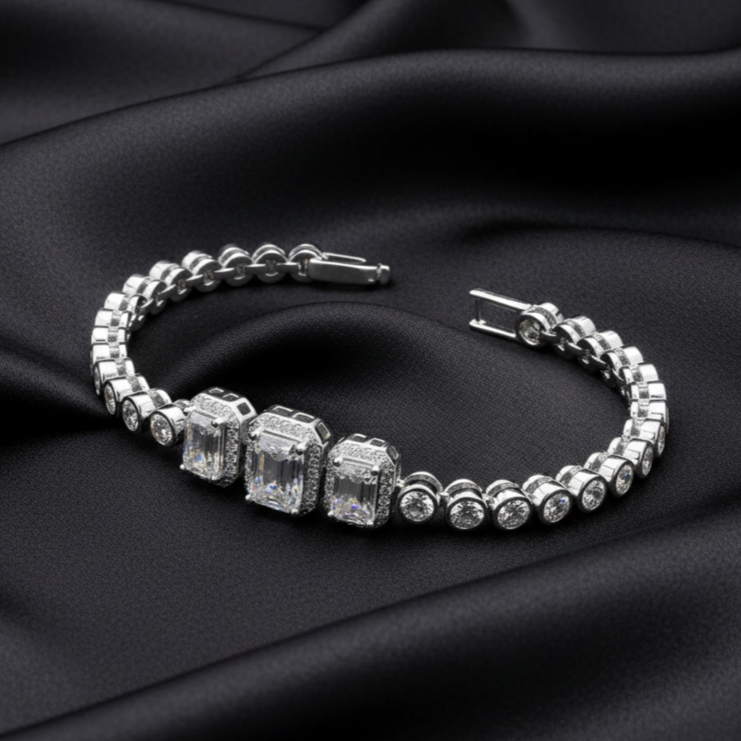 Emerald cut with Pave Moissanite Bracelet in 925 Silver