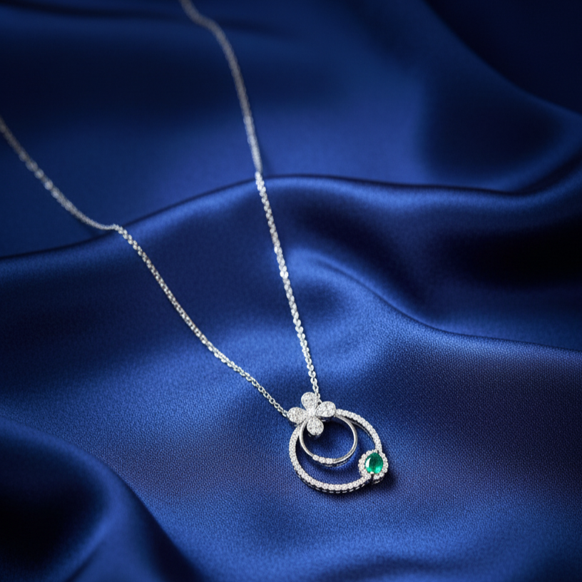 Double Round Lab Grown Emerald Pendant with Moissanite and Sterling Silver