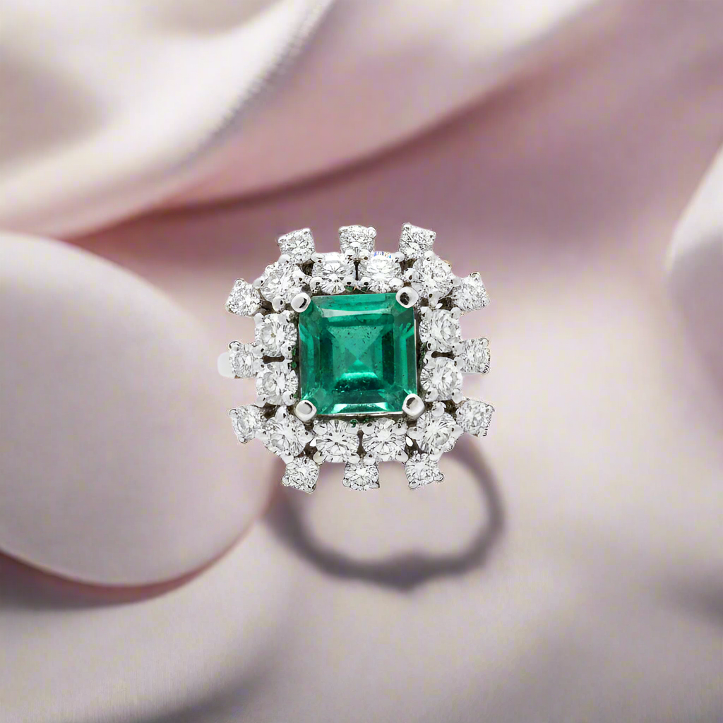 Designer Moissanite and Emerald Statement Ring in Sterling Silver