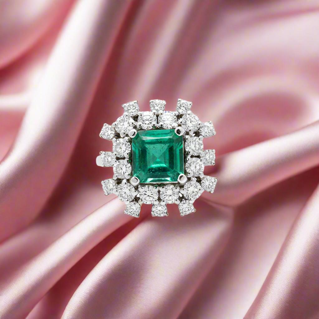 Designer Moissanite and Emerald Statement Ring in Sterling Silver