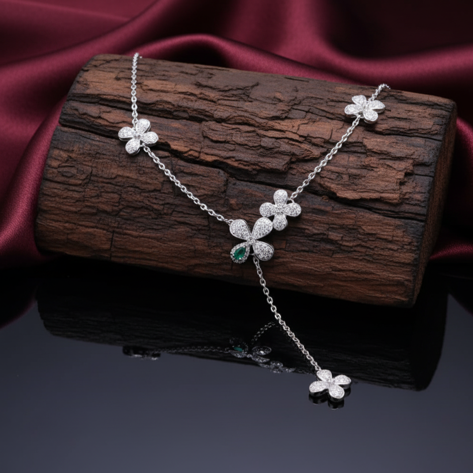 Lab Grown Emerald With Moissanite Floral Pendant in Silver