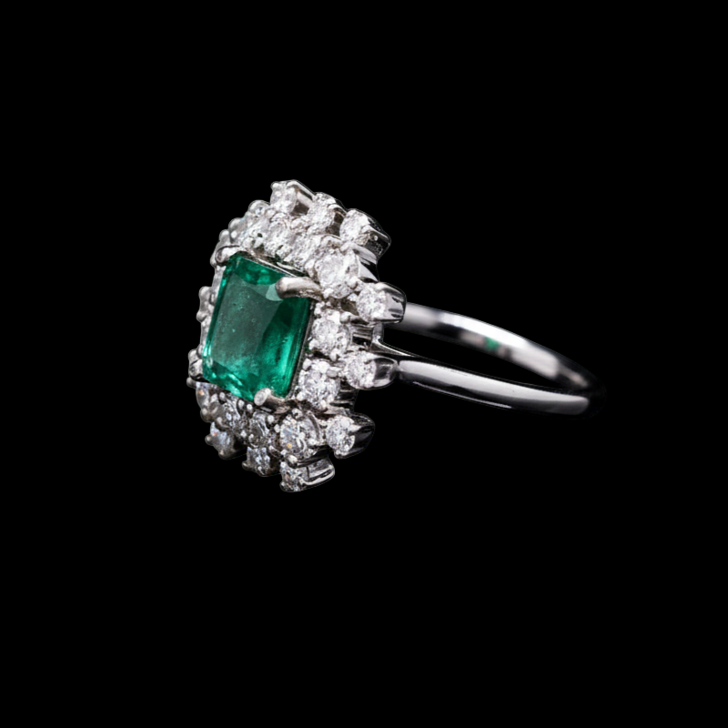 Designer Moissanite and Emerald Statement Ring in Sterling Silver
