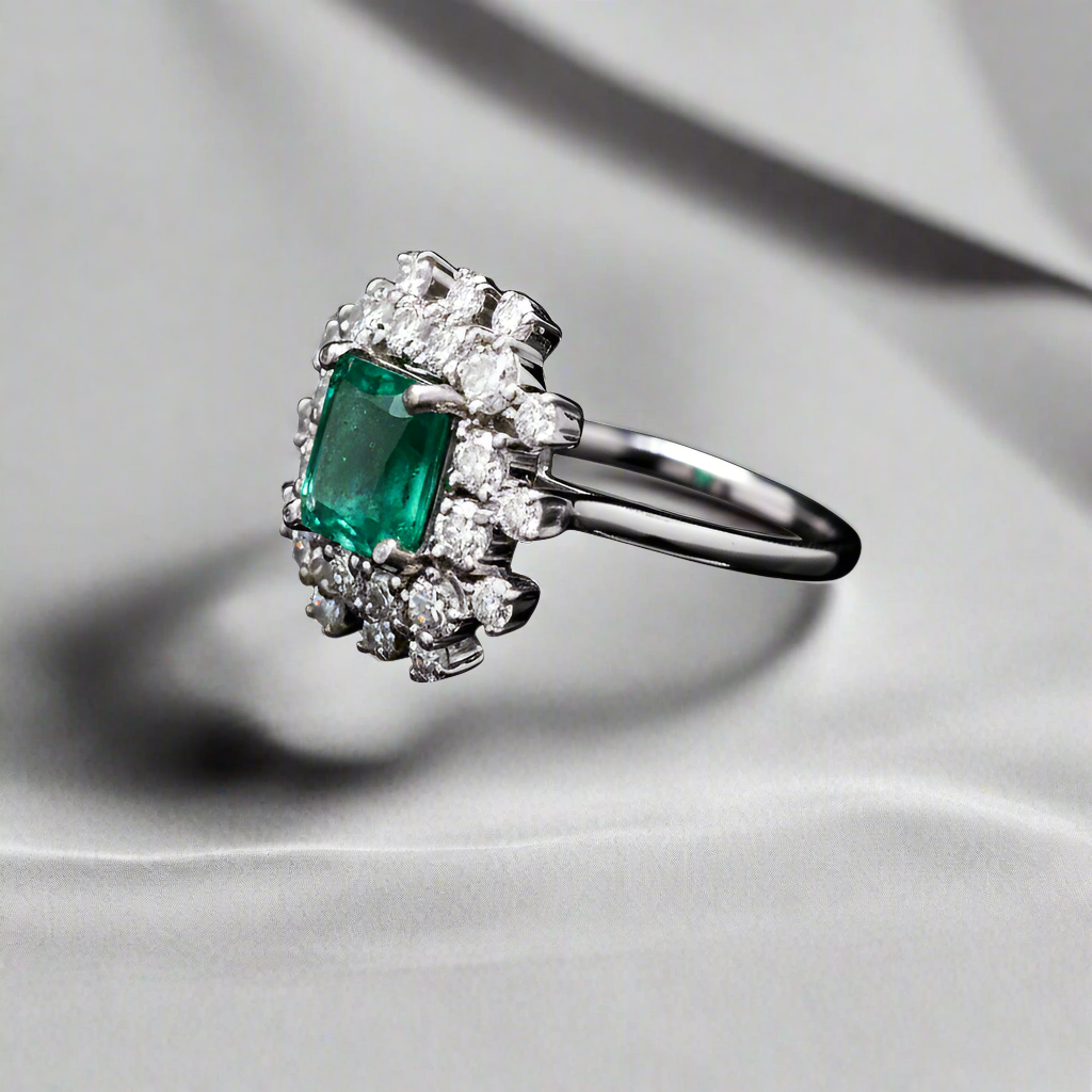 Designer Moissanite and Emerald Statement Ring in Sterling Silver