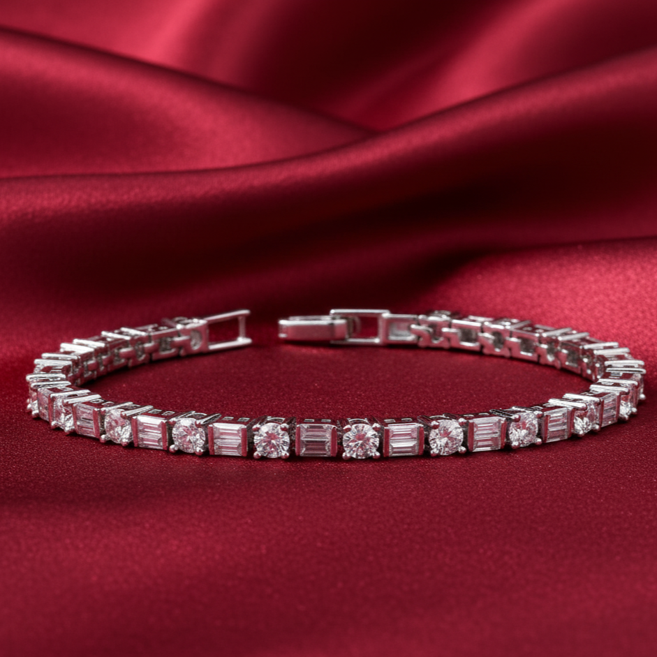 Emerald & Round Eternity Bracelet in Moissanite with Silver
