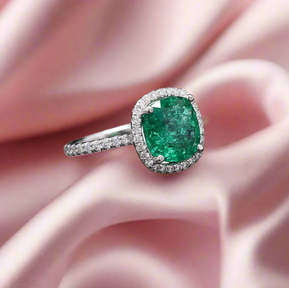 Classic Moissanite Solitaire Ring with Lab-Grown Emerald in Sterling Silver