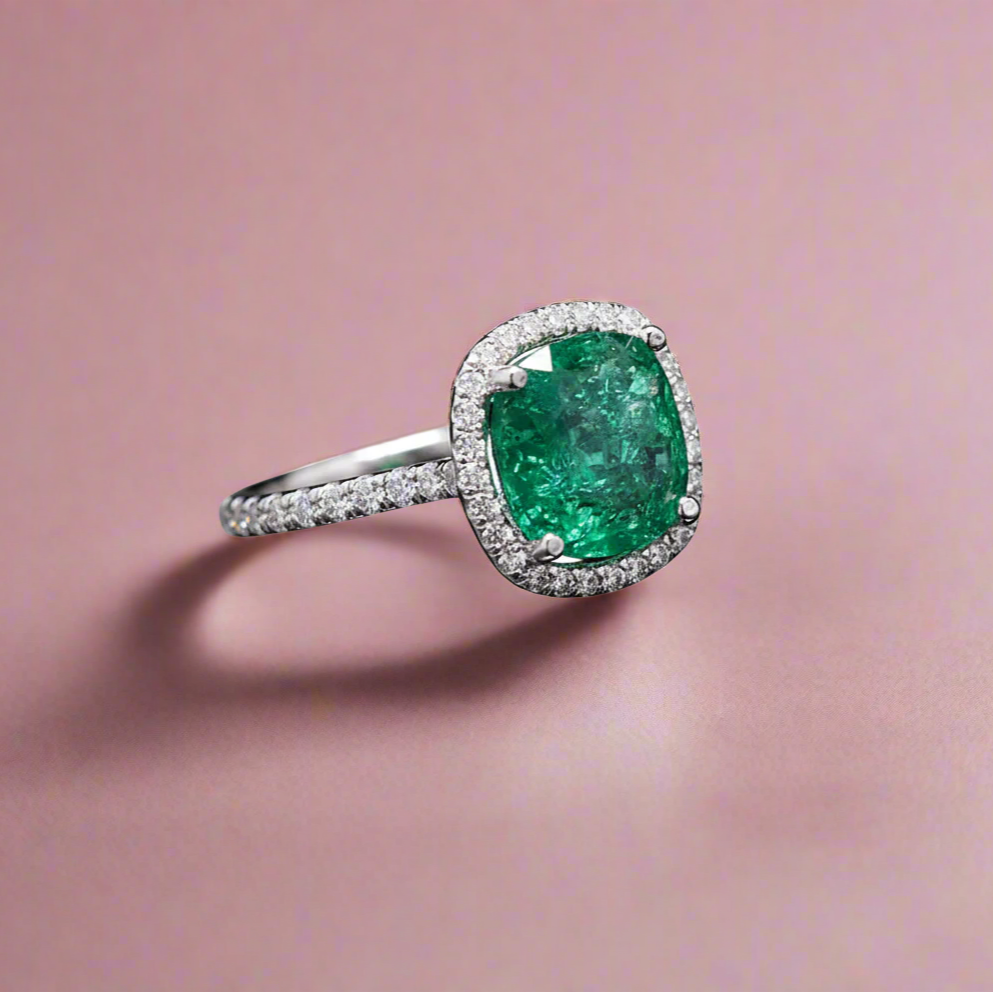 Classic Moissanite Solitaire Ring with Lab-Grown Emerald in Sterling Silver