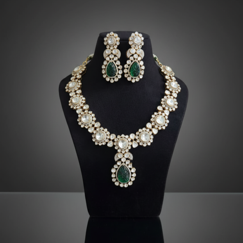 Royal Heritage Moissanite Polki Necklace with Moissanite and Lab Grown Emeralds in Silver