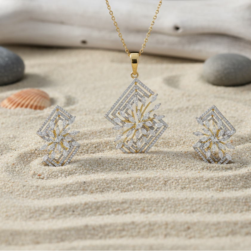 Affordable Moissanite Pendant Set in Silver WITH Gold Rhodium for Party & Bridal Wear