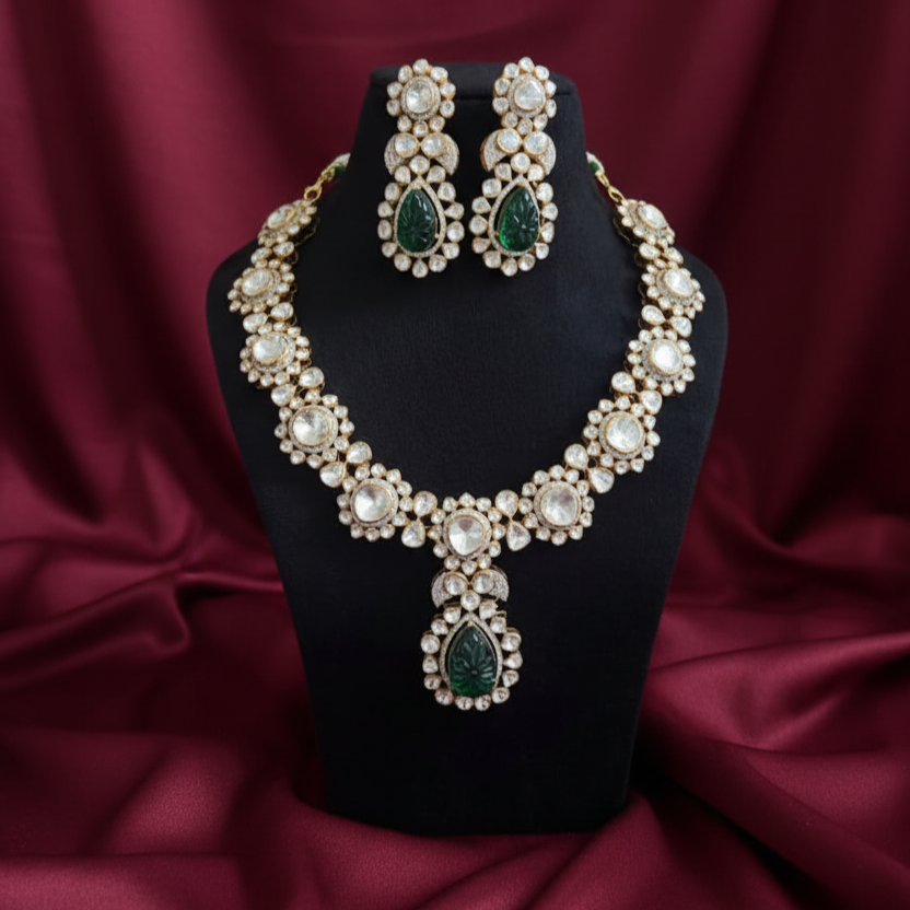 Royal Heritage Moissanite Polki Necklace with Moissanite and Lab Grown Emeralds in Silver