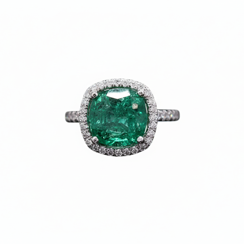 Classic Moissanite Solitaire Ring with Lab-Grown Emerald in Sterling Silver