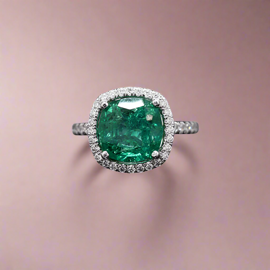 Classic Moissanite Solitaire Ring with Lab-Grown Emerald in Sterling Silver