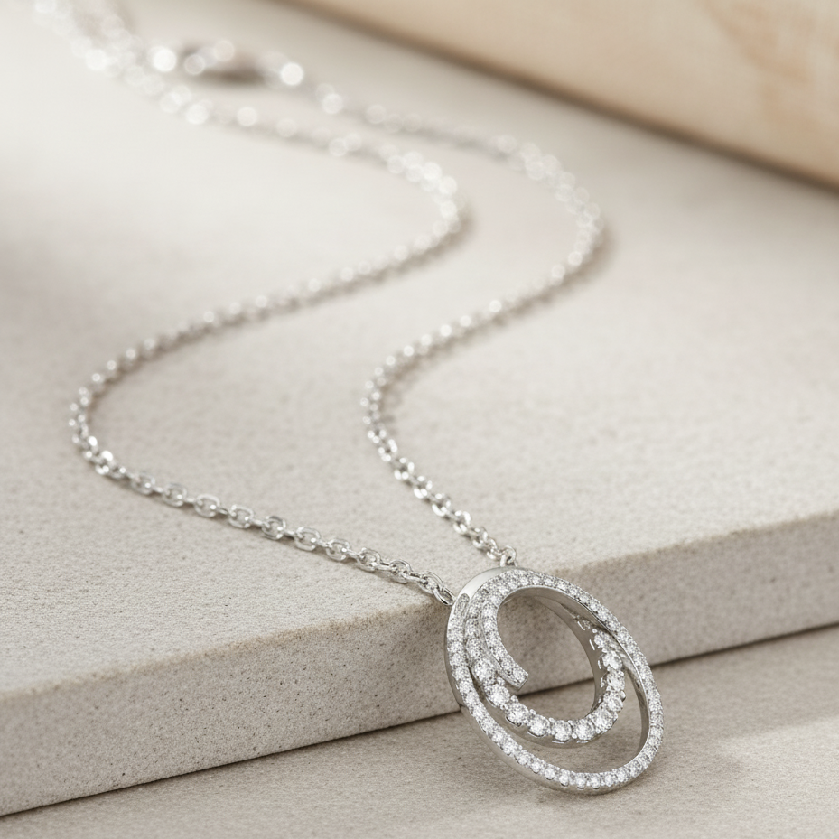 Double Oval Pendant in Moissanite Diamond in Sterling Silver