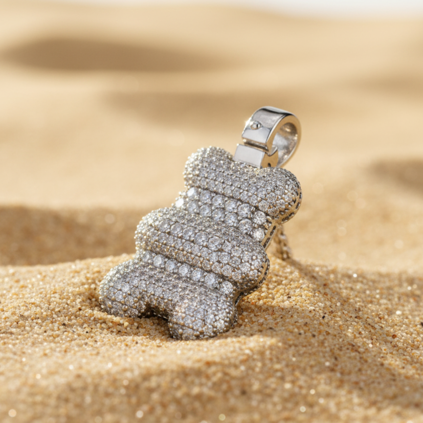 Sterling Silver with Moissanite Men’s Teddy Bear Pendant for him