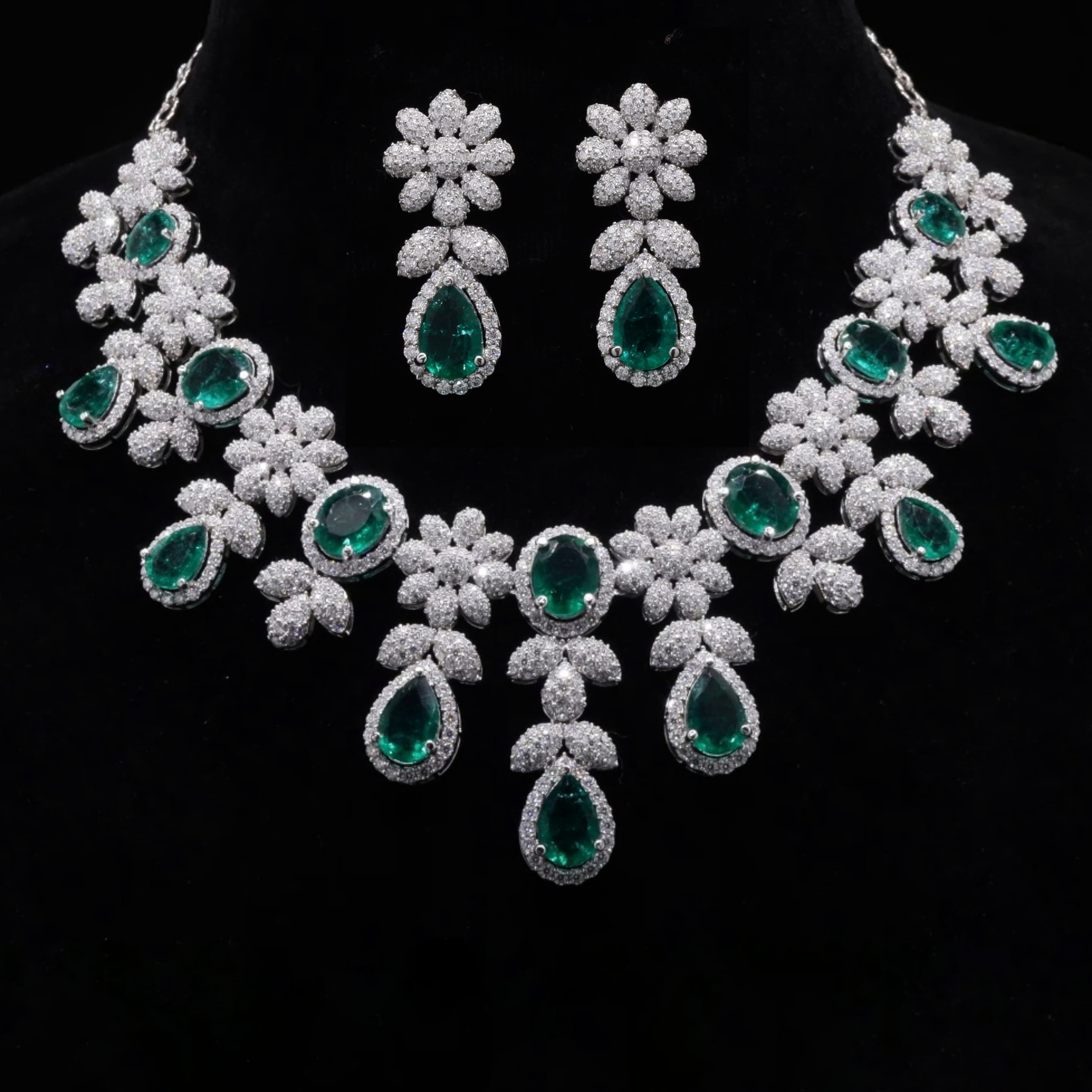 Bridal Moissanite and Lab Emerald Necklace in 925 Silver