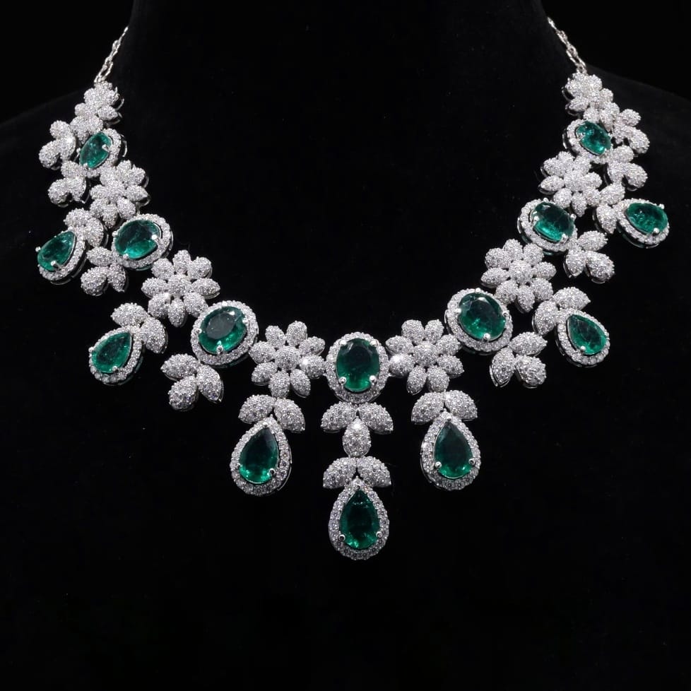 Bridal Moissanite and Lab Emerald Necklace in 925 Silver