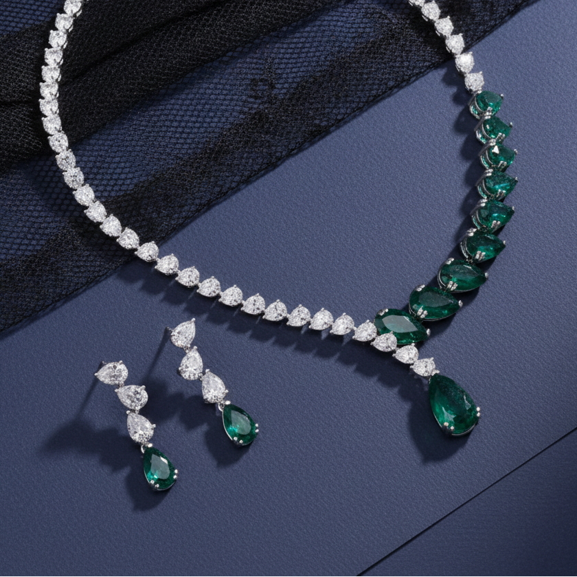 Moissanite and Lab Grown Emerald Cuff Choker Necklace in 925 silver
