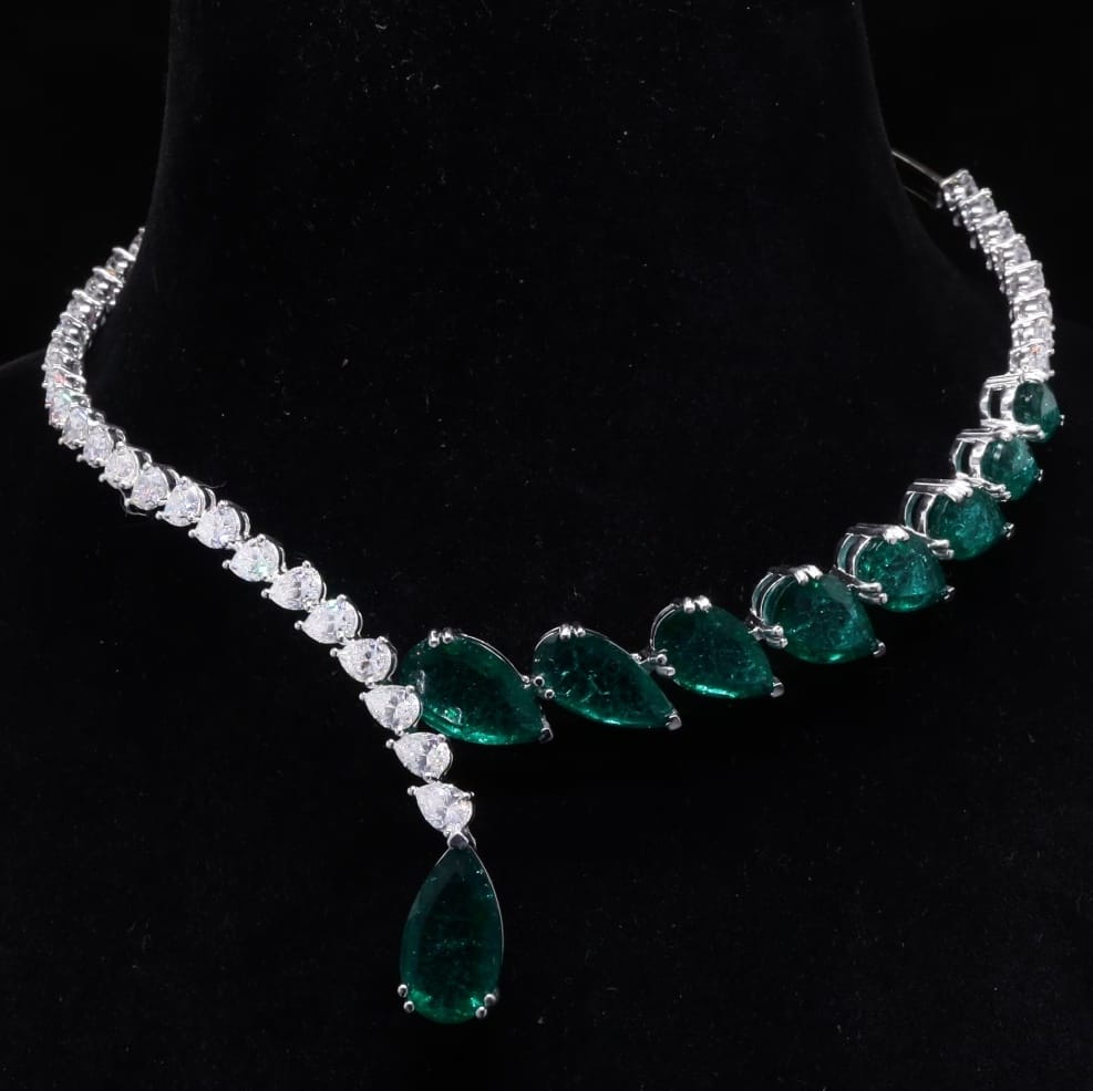 Moissanite and Lab Grown Emerald Cuff Choker Necklace in 925 silver