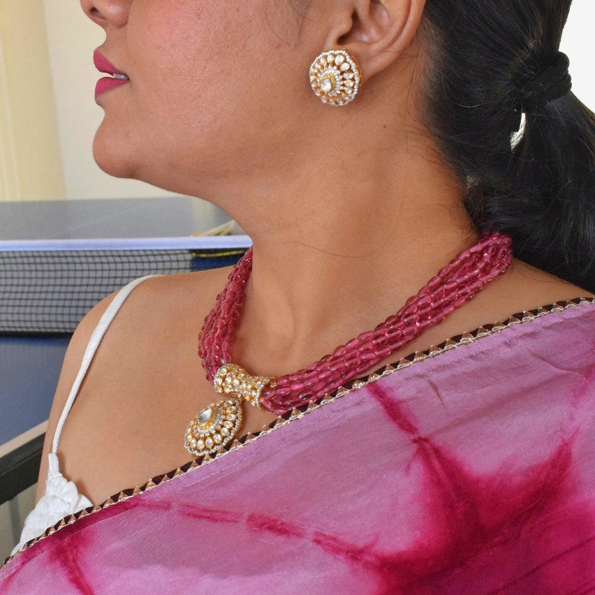 Moissanite Polki with Pink beads Royal Necklace in 92.5 Silver