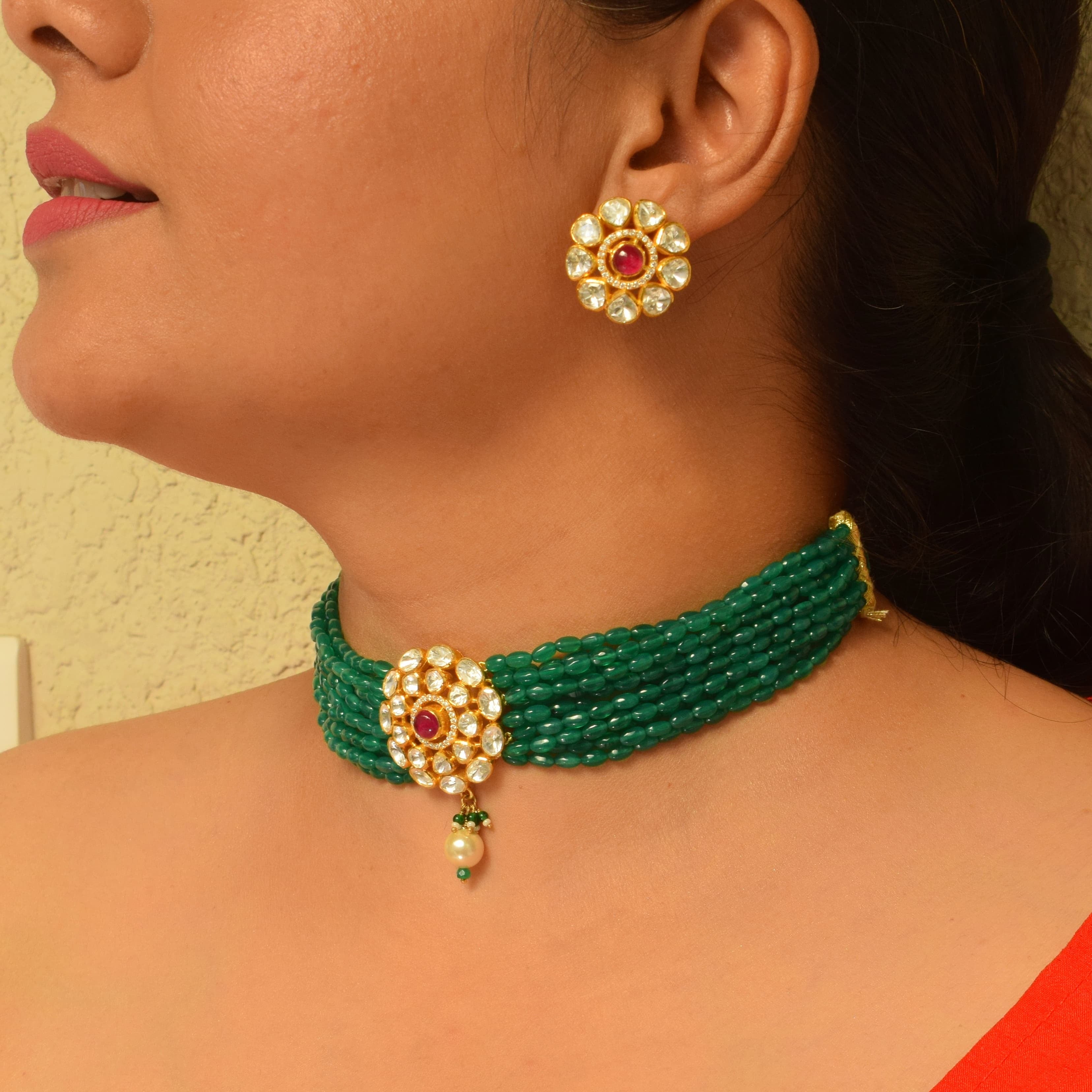Moissanite Polki Statement Beads Choker with Pearl Drop in 925 silver