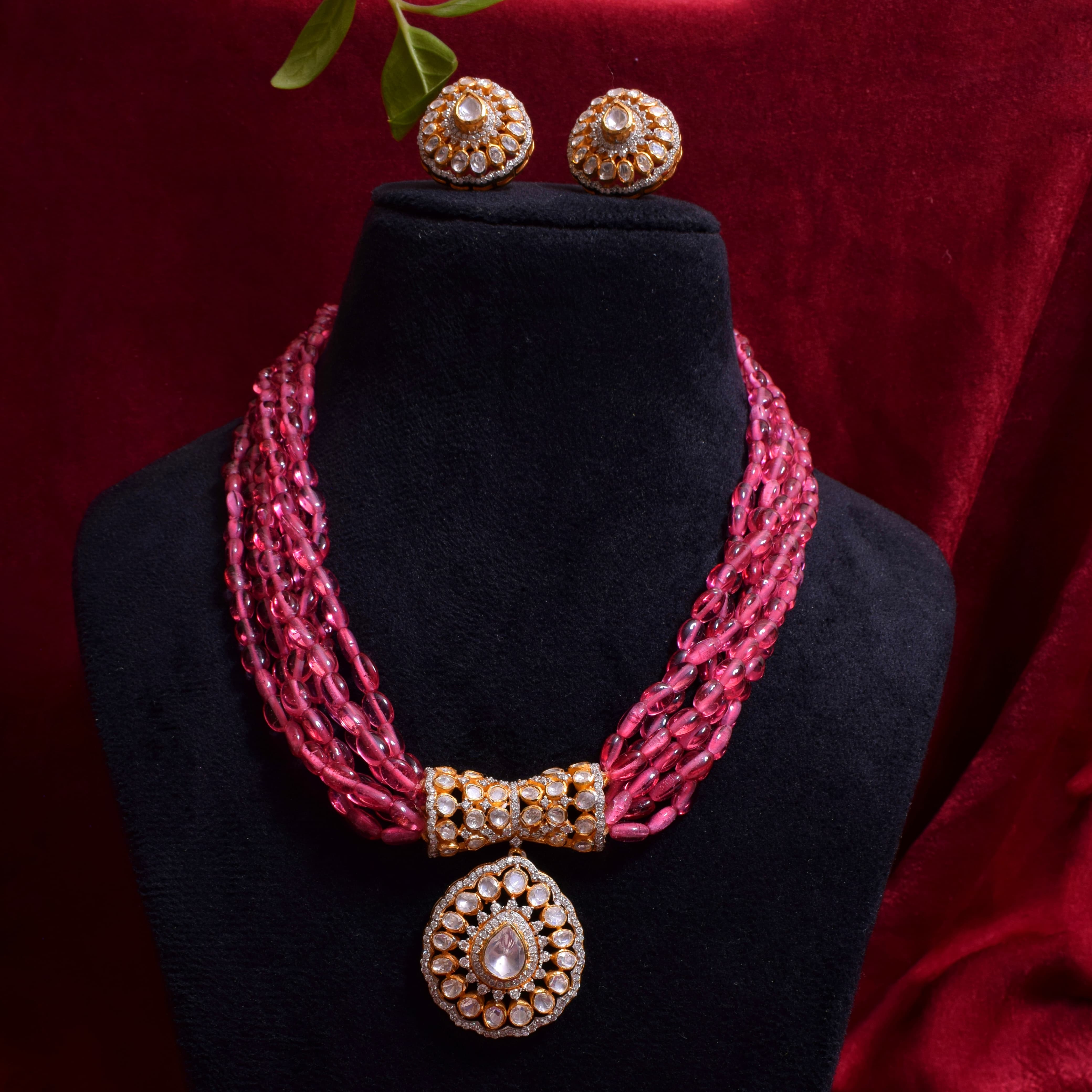 Moissanite Polki with Pink beads Royal Necklace in 92.5 Silver