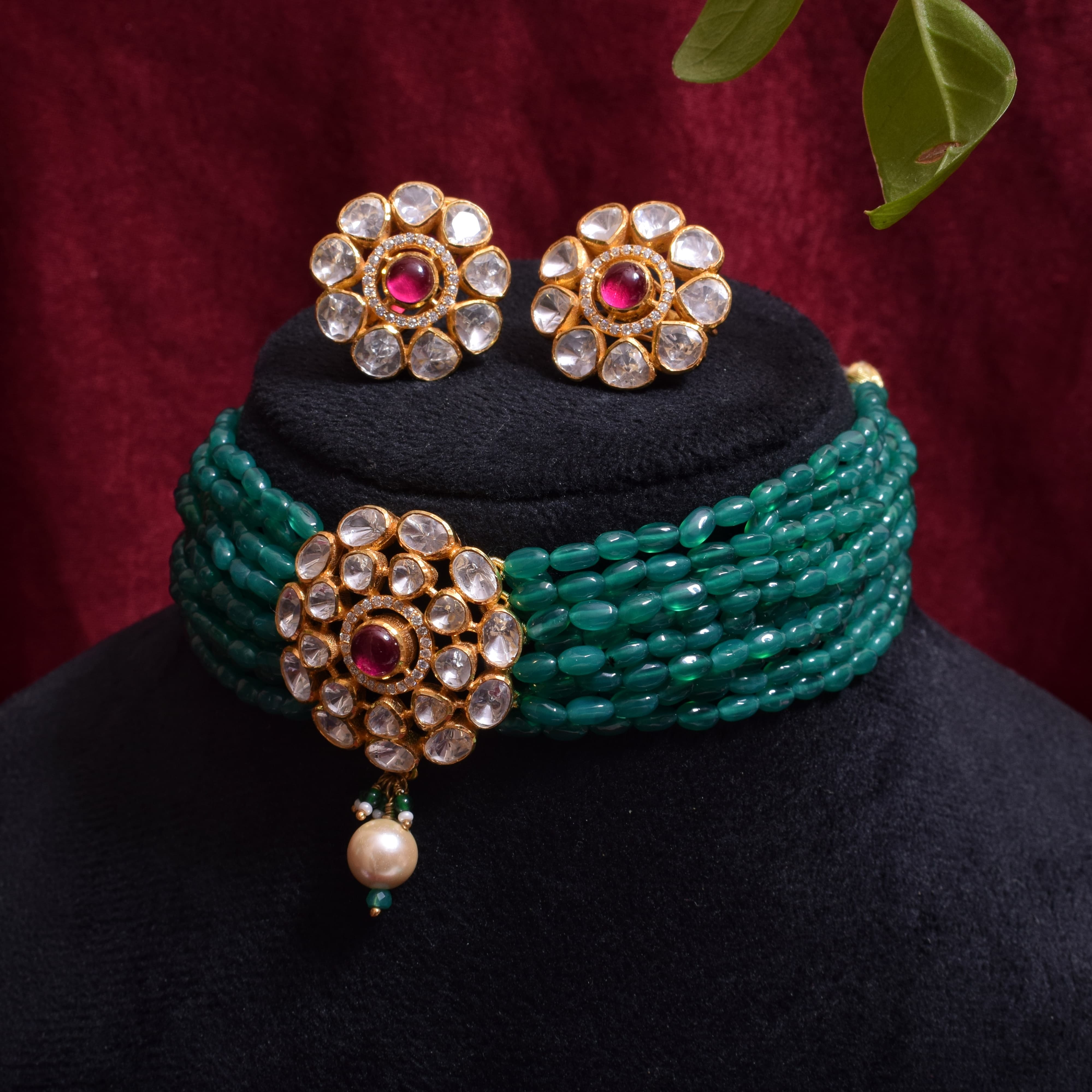 Moissanite Polki Statement Beads Choker with Pearl Drop in 925 silver